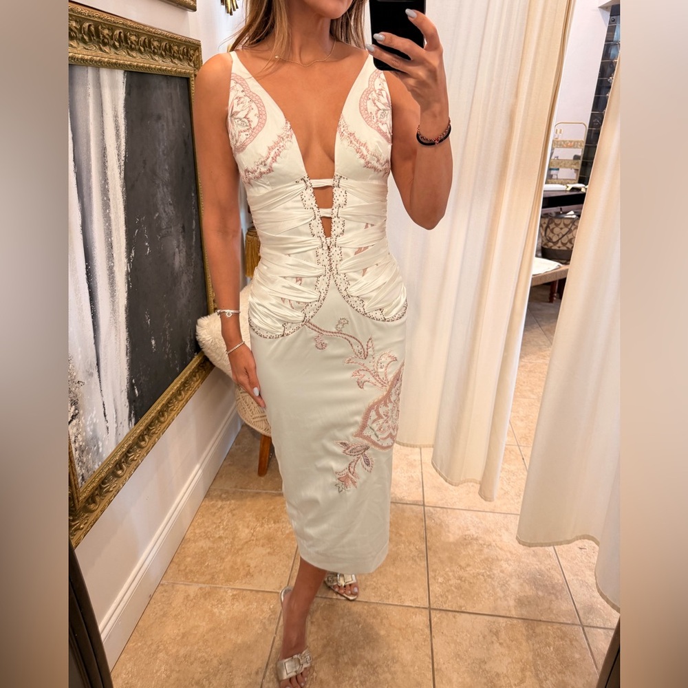 Ivory Lace-Accent Midi Dress with Plunge Neck